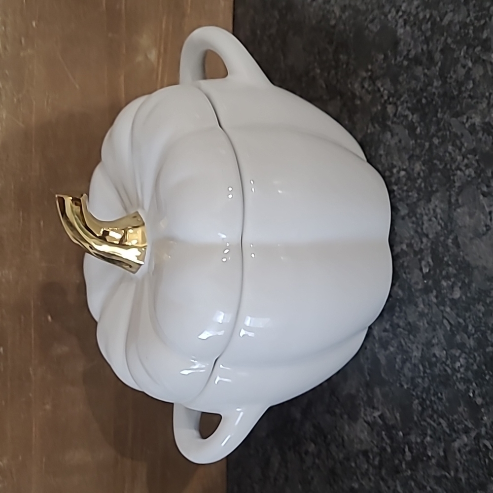 White Ceramic "Pumpkin" Shaped .8 Quart Dip/Soup Dish with Lid - Picture 4 of 13